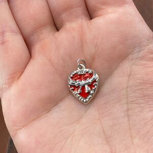 Vintage 925 Sterling Silver Red Enamel Victorian Bow Puffy Heart Bracelet Charm